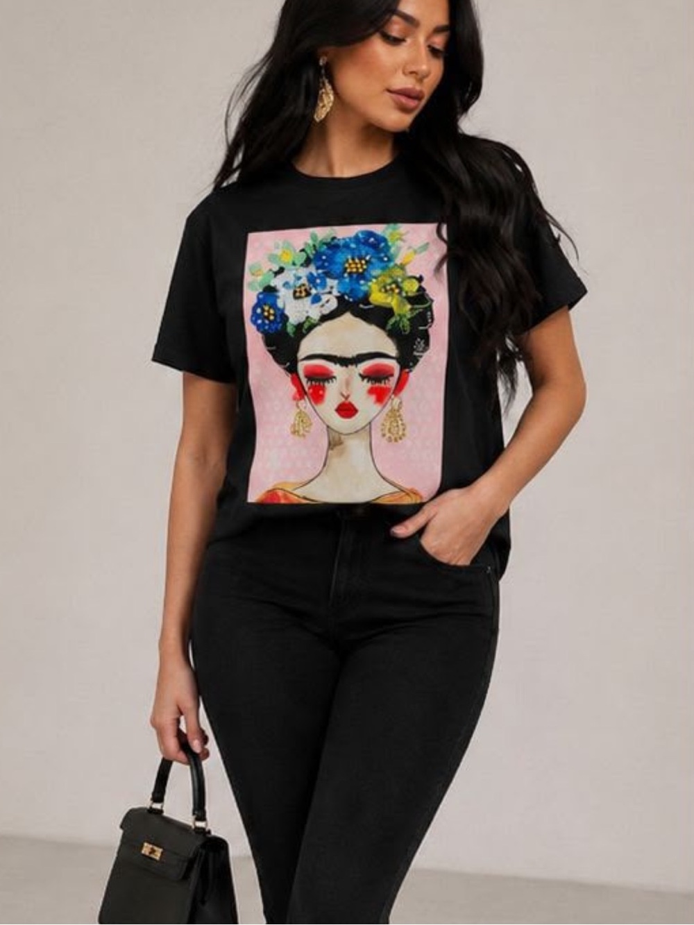 ShopEvelynne Black Short Sleeve Tee with Colorful Frida-Inspired Print